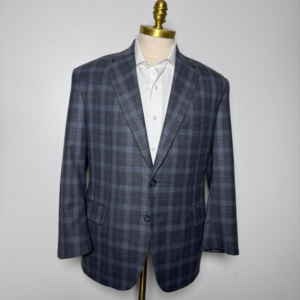 Royal Classic Blazer Mens 40S Grey Blue Plaid Wool Blend Two Button Sport Coat